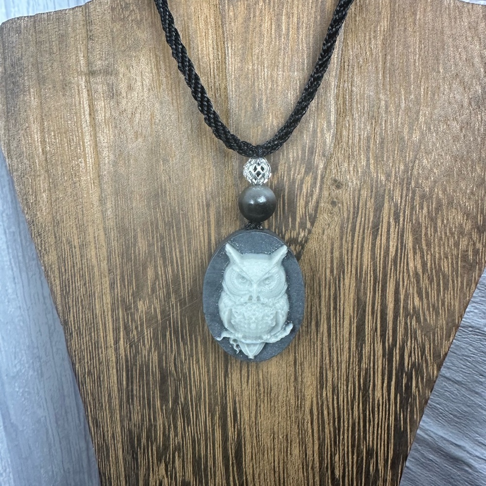 Tai Chi Stone Owl Pendant Necklace on Black Adjustable Rope - Picture 2 of 9